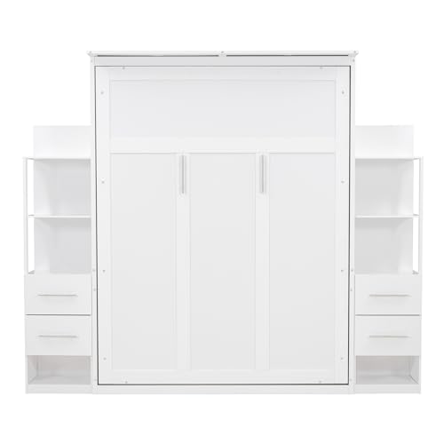 Ball & Cast Queen Size Murphy Bed,Murphy Bed Cabinet W/ 2 Five-Layer Cabinet,Hideaway Wall Bed W/LED Lights,Wood Hidden Bed Frame for Guest Room
