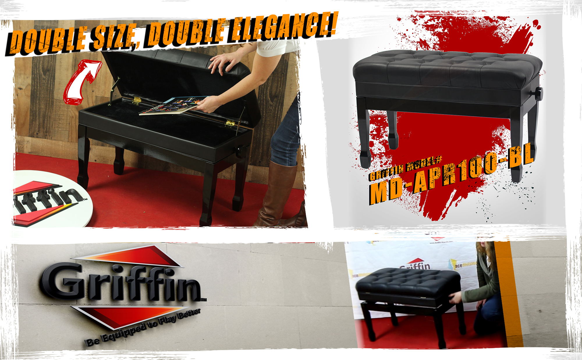 Griffin Genuine Leather Piano Bench Oversize Duet Vintage Black Solid Wood & Ergonomic Keyboard Stool 2 Person Cushion Seat & Sheet Music Book