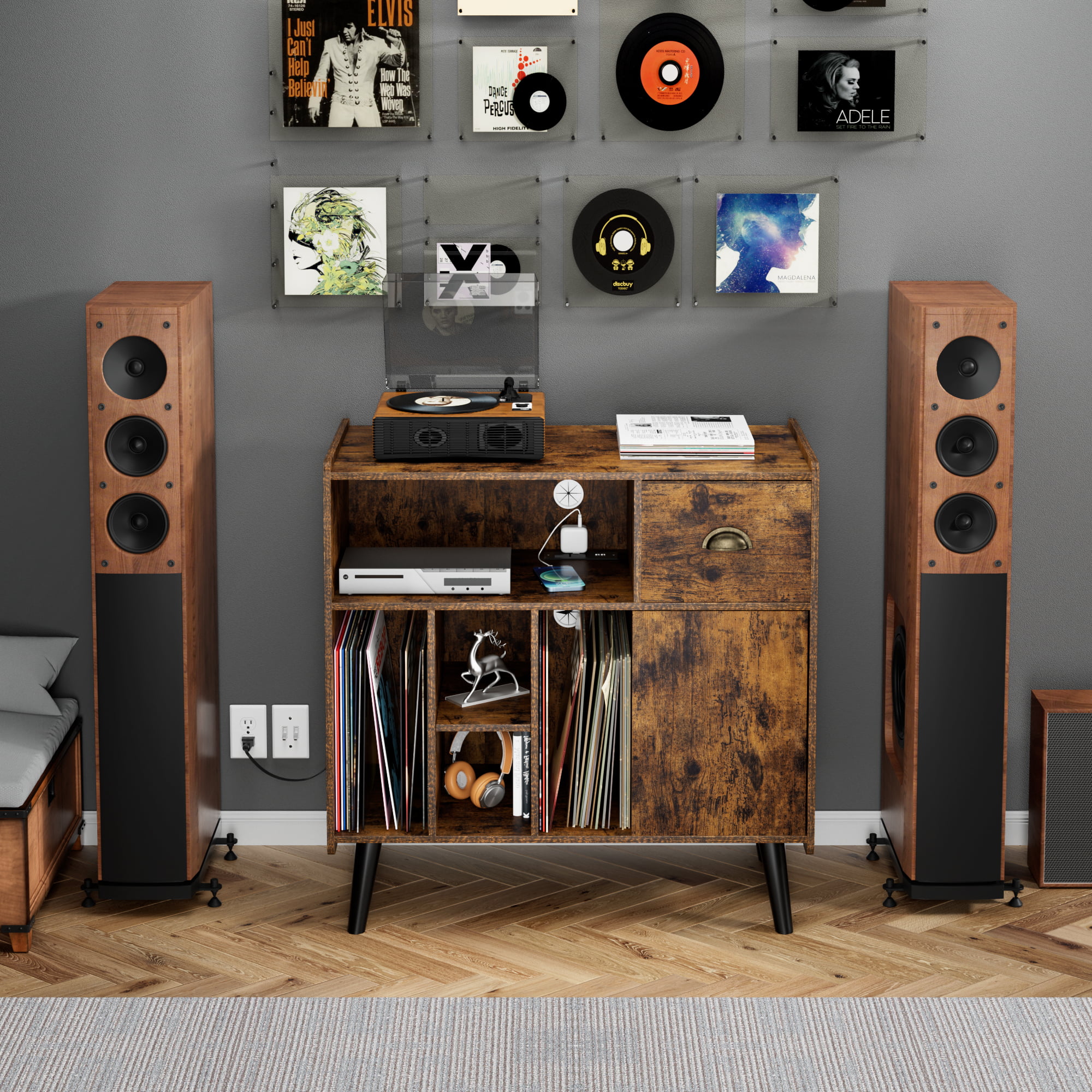 Luxmo Record Player Stand with Vinyl Storage, Vinyl Record storage Cabinet with Charging Station
