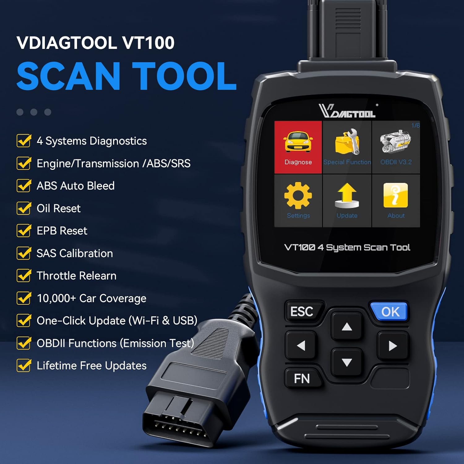VDIAGTOOL VT100 Scan Tool with ABS Auto Bleed, ABS Brake Bleeding Scan Tool, 4 Systems OBD2 Scanner for ABS/SRS/Transmission/Engine Check