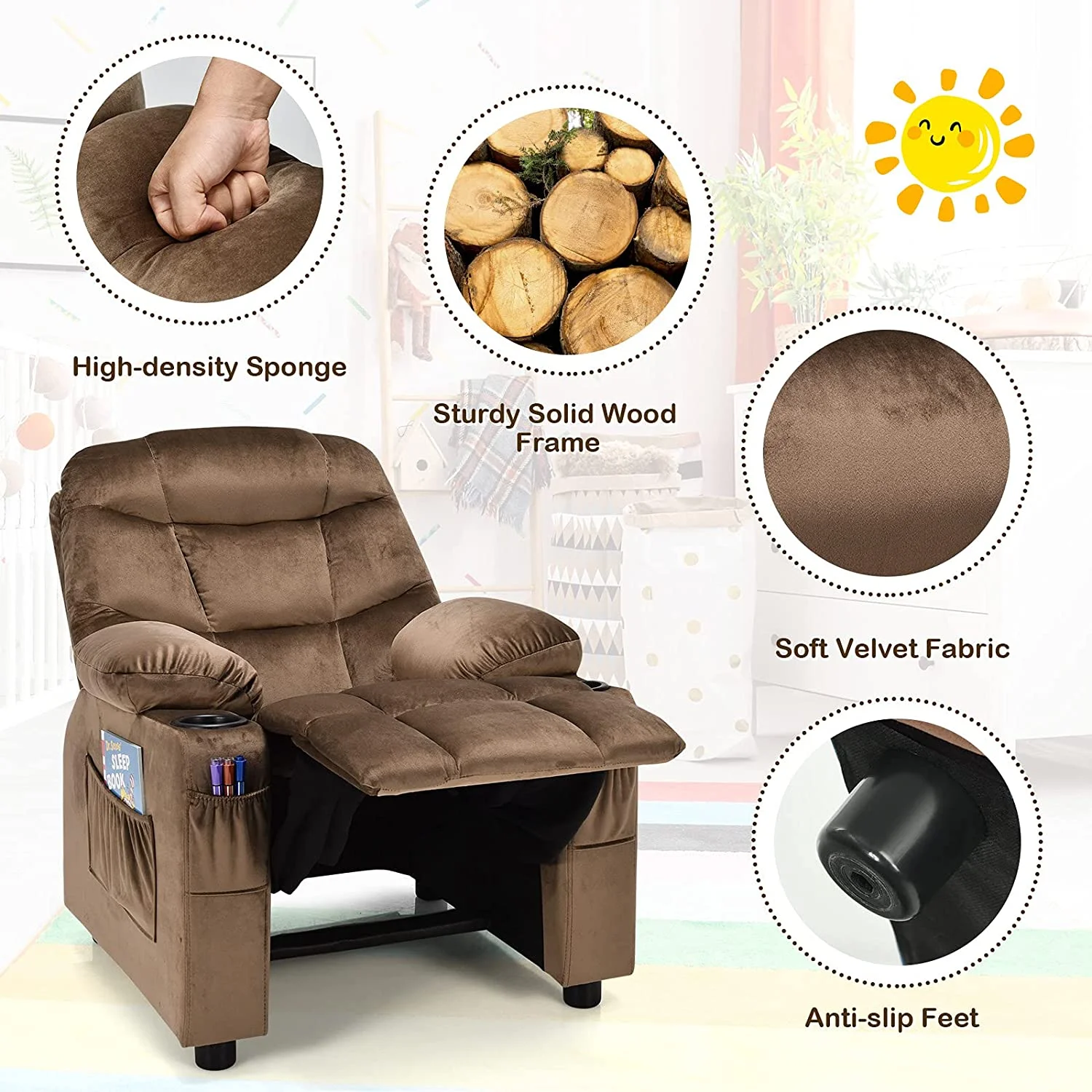 Kids Recliner Chair with Cup Holder  Adjustable Velvet Lounge Chair w/Footrest