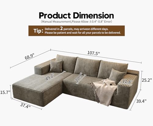 107.5" Cloud Modular Sectional Sofa with 1 Ottoman,Modern Minimalist Upholstered Couches, Comfort U Shaped Sofa for Living Room