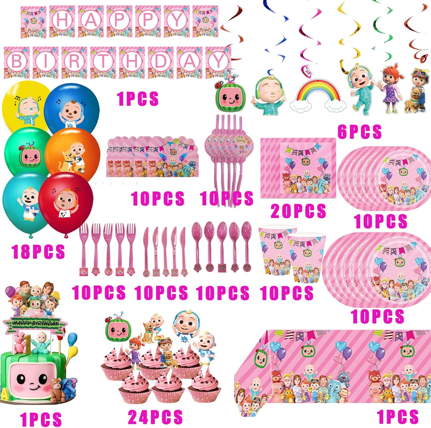 PINKBB Pink Baby Melon Party Decorations, Supplies Pack with Banner, Flatware, Plates, Cups, Napkins, Balloons, Cake Topper