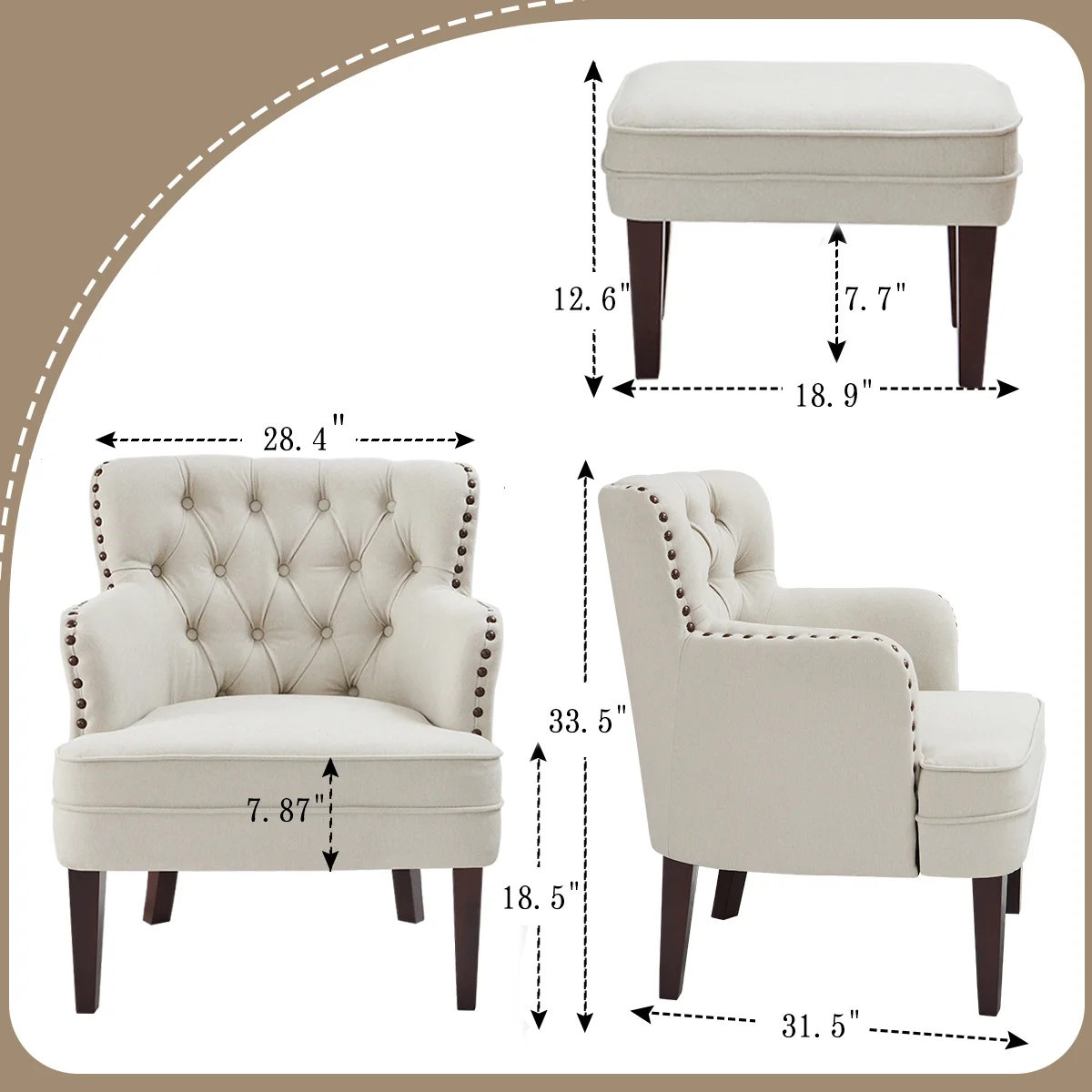 L'AGRATY Accent Chair with Ottoman, Tufted Armchair and Ottoman for Bedroom Living Room, Beige