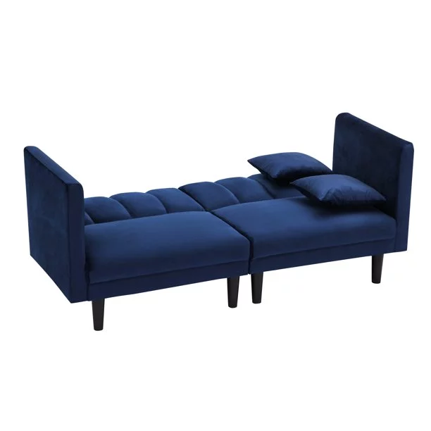 BSHTI 70 inch Futon Sofa Bed, 2 Pillows and Perfect Artificial Cushion Velvet Futon Sofa(Navy Blue)