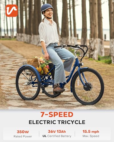Viribus Electric Tricycle for Adults, 24 & 26 inch Electric Trike 350W(Peak 700W) with 468Wh Removable Battery, 3 Wheel Electric Bikes for Seniors