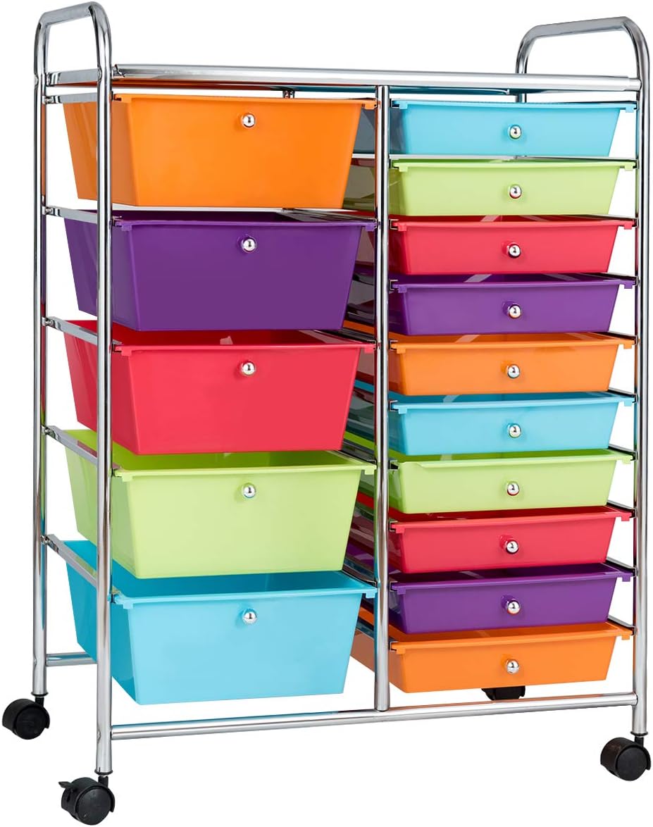 Giantex 15-Drawer Organizer Cart Office School Storage Cart Rolling Drawer Cart for Tools, Scrapbook, Paper (Yellow)