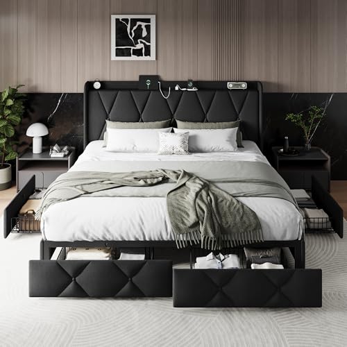 Queen Bed Frame with 4 Storage Drawers and Charging Station, Upholstered Platform Bed Frame with Storage Headboard, No Box Spring Needed