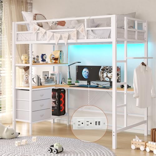 DICTAC Loft Bed Full Size with L-Shaped Desk and Charging Station Full Metal Bed Frame with LED Lights,Open Shelves and 3 Fabric Storage Drawers
