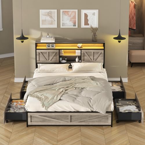 Queen Size Bed Frame with Charging Station, Queen Bed Frame with 4 Drawers LED Light, Farmhouse Platform Bed with Headboard Storage 3 Layer Shelves
