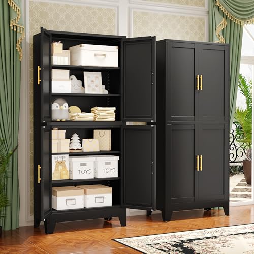 75.2" Tall Metal Pantry Cabinet, Storage Cabinets with 4 Door and 4 Adjustable Shelves, Black Kitchen Pantry Storage Cabinet
