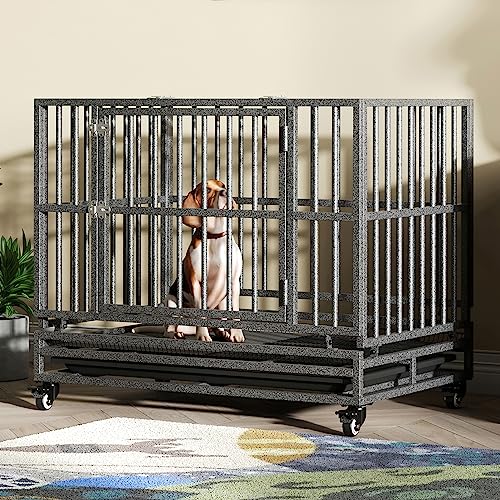 Heavy Duty Extra Large Dog Crate with Wheels - Indestructible 38/42/46 Inch Chew-Proof, Escape-Proof Kennel for High-Anxiety and Extra Large Dogs