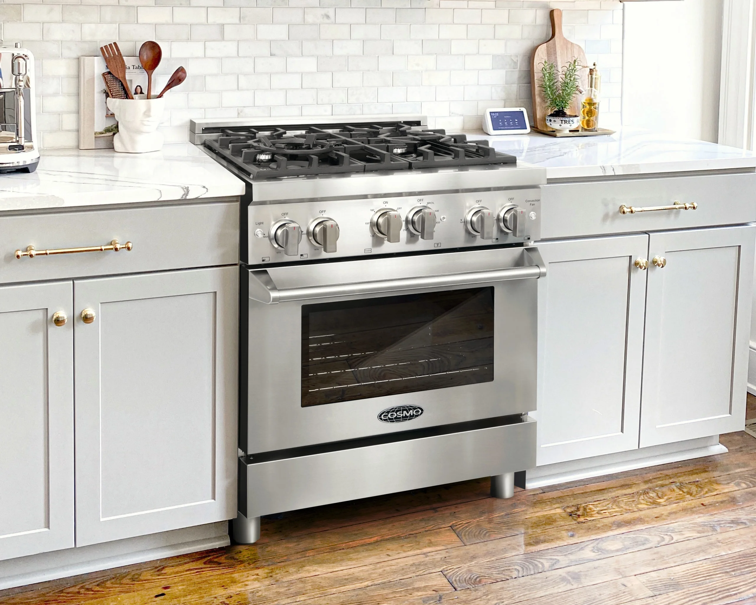 Cosmo 2 Piece Kitchen Appliance Package with 30" Freestanding Gas Range Kitchen Stove & 30" Wall Mount Range Hood Kitchen Hood Kitchen Appliance