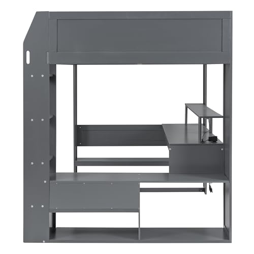 Gaming Bed with Desk,Wardrobe,Ample Storage Space,and RGB LED Light, Full Size Wood Loft Bed for Kids Bedroom (Cloud Blue/K)