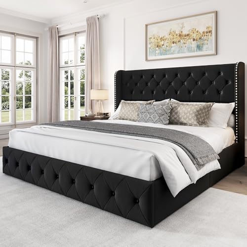 King Size Bed Frame with 4 Storage Drawers and Tufted Headboard Linen Upholstered Platform Bed Frame Wingback Beds with Wooden Slats Support
