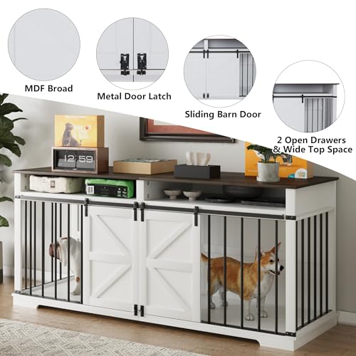 Aoowow Large Double Dog Crate Furniture 72.4" Indoor Dog Kennel with Sliding Barn Door and Divider