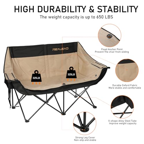 REALEAD Heated Double Camping Chair, 3 Heat Levels and 4 Heating Zones, Portable Heated Loveseat Chair for Outdoor Sports Support 650lbs