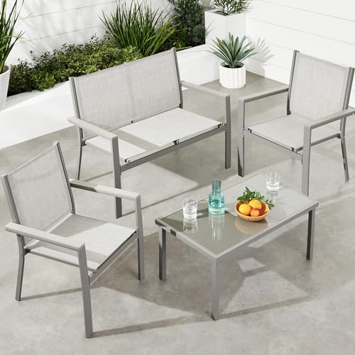 Best Choice Products 4-Piece Outdoor Textilene Patio Conversation Set, Backyard Furniture w/Loveseat, Coffee Table, Steel Frame - Taupe/Charcoal