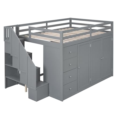 Full Size Loft Bed with Desk & Wardrobe, Solid Wood Kids Loft Bedframe w/3 Storage Drawers & 2 Shelves, Maximum Space Design, for Bedroom, Dorm, Gray