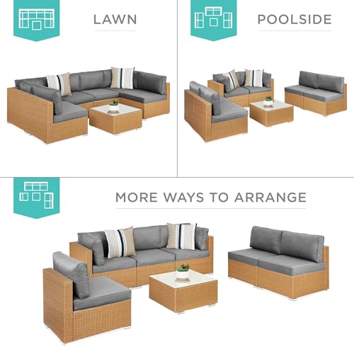 Best Choice Products 7-Piece Modular Outdoor Sectional Wicker Patio Conversation Set w/ 2 Pillows, Coffee Table, Cover Included - Gray/Navy