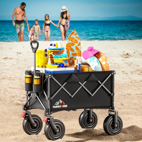Big Rubber Wheels Beach Wagon Cart Foldable, 9x3 All-Terrain Wheels, Heavy Duty Collapsible Utility Wagon with 330lbs Capacity, Compact Storage