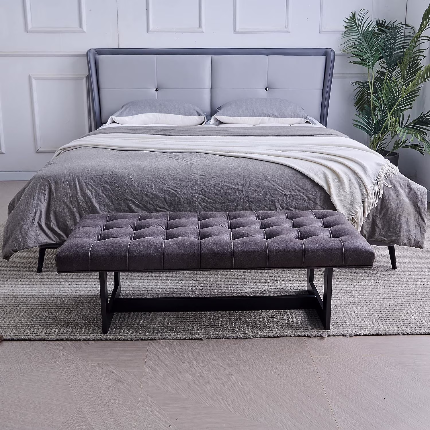 Nathaniel Home Button-Tufted Kids Ottoman, Upholstered Bedroom Benches, Vegan Leather Footrest Stool Accent Bench