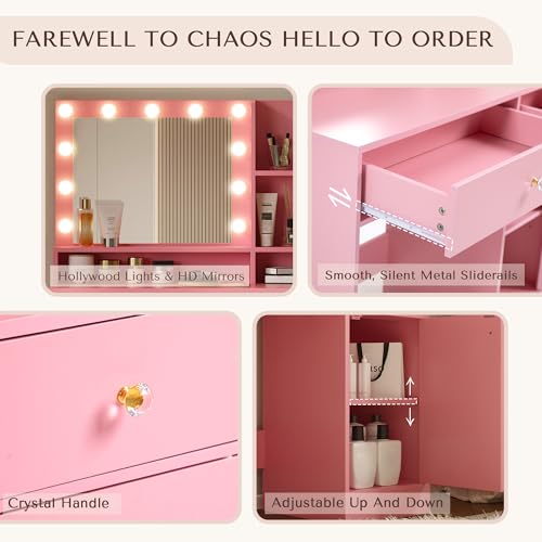 Vanity Desk with Mirror and Lights, Diamond Edition Vanity Desk, Makeup Vanity Table with 3 Drawers & 5 Open Shelves