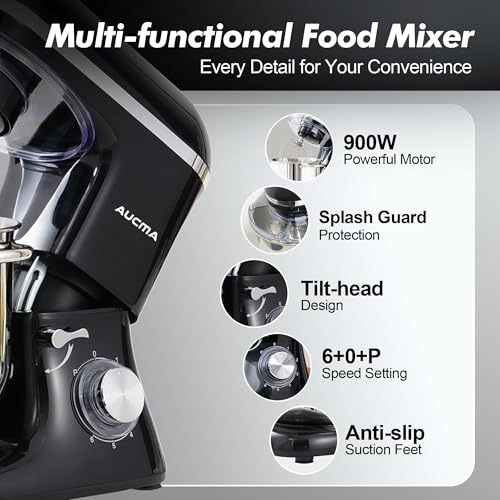 Aucma Stand Mixer,6.5-QT 660W 6-Speed Tilt-Head Food Mixer, Kitchen Electric Mixer with Dough Hook, Wire Whip & Beater (6.5QT, Black)