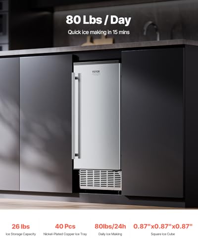 VEVOR Under Counter Ice Maker Machine, Crescent Ice, 25 Lbs/Day Stainless Steel Built in Ice Maker with Reversible Door