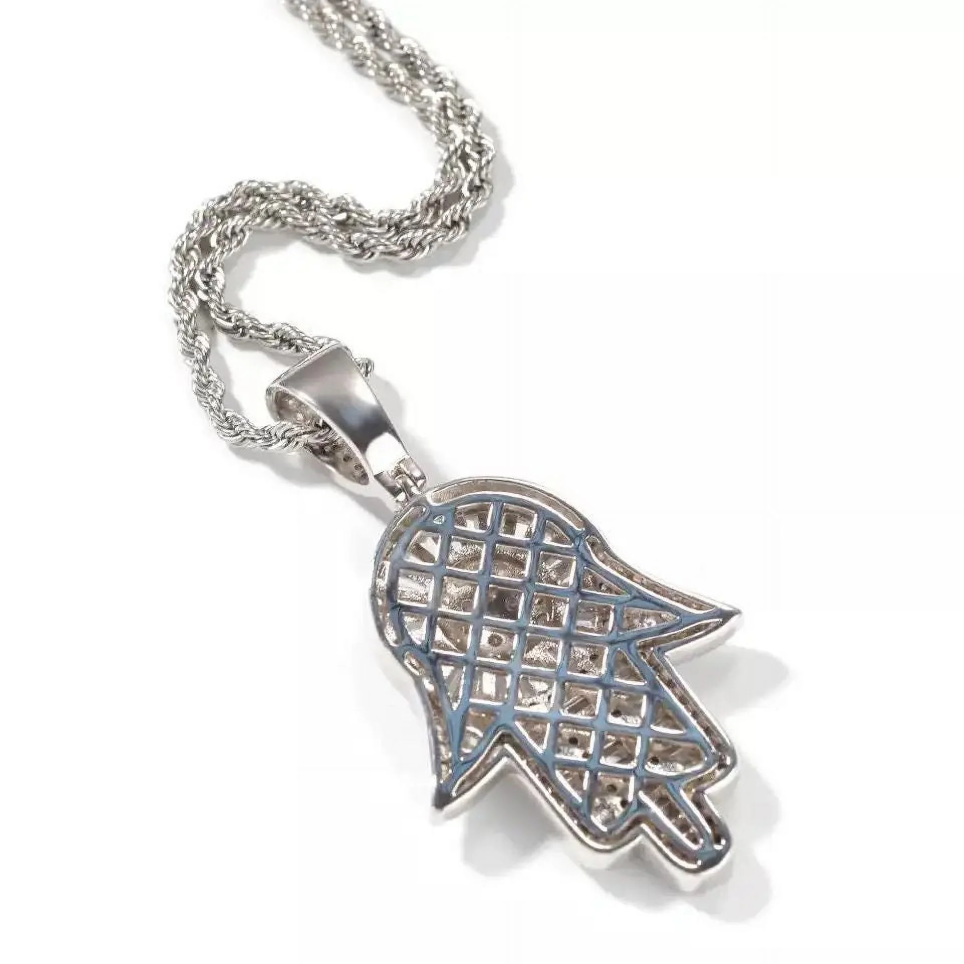 14K Gold Over Finish Simulated Diamond Iced Out Hip Hop Baguette Hamsa Hand of Fatima Evil Eye Protection Charm Pendant Necklace, Gift