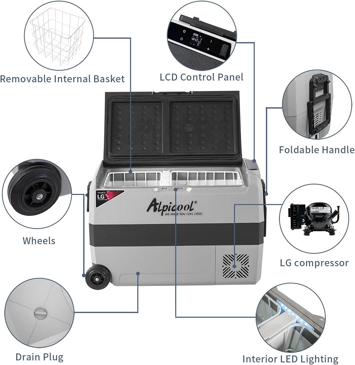 Alpicool LGT50 Dual Temperature Control 12 Volt Refrigerator 53 Quart Portable Car Fridge Freezer (-4°F~68°F) for Truck, RV, Boat, Camping and Travel
