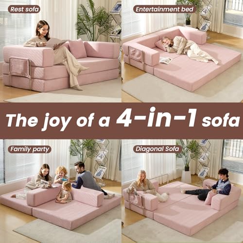 Convertible Sleeper Sofa Bed No Assembly Corduroy Upholstered Green Modular Floor Couch Queen/King Size Foldable Futon with Memory Foam for Apartment