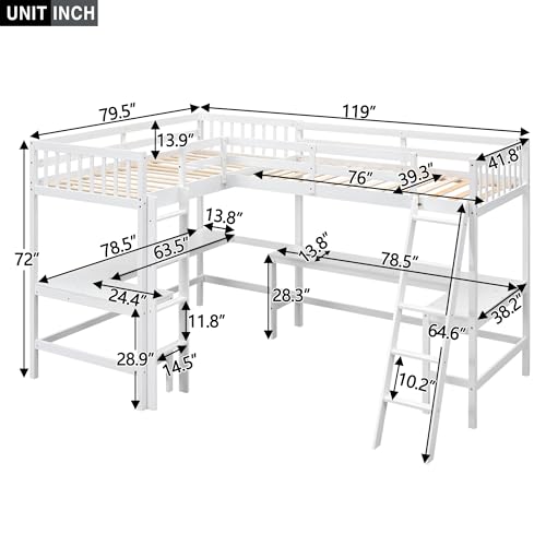 L-Shaped Loft Bed, Wood Twin Size Loft Bed with Desk, L Shaped Beds with Ladder & 2 L-Shaped Desks, Corner Twin Beds for Teens, Adults