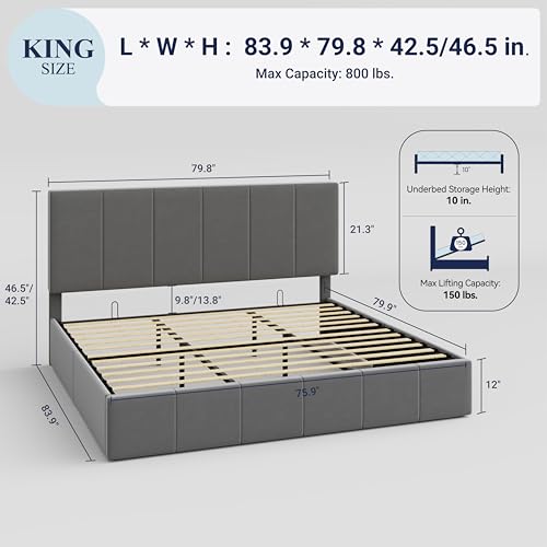 Allewie Queen Size Velvet Lift Up Storage Bed Frame, Vertical Channel Tufted Headboard, Hydrualic Underneath Storage, Upholstered Platform Bed