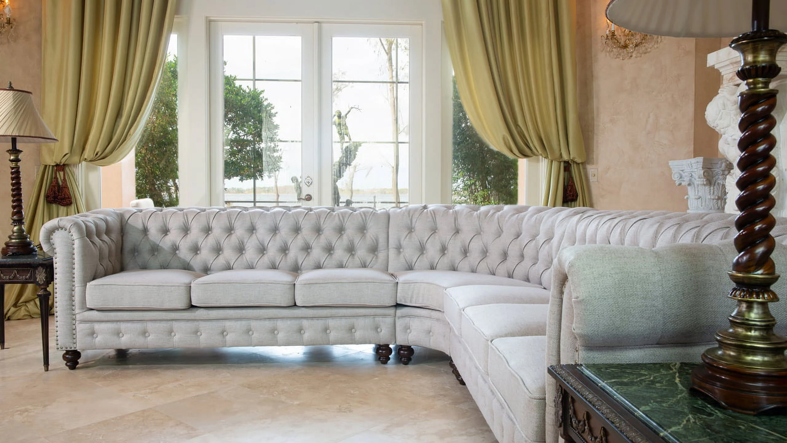 Classic Chesterfield Dark Linen Sectional with Ottoman (KIT)