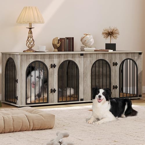 71" Dog Crate Furniture for 2 Dogs, Heavy Duty Indoor Dog Kennel TV Stand, XXL Wooden Dog Cage with Divider for Medium Large Dogs