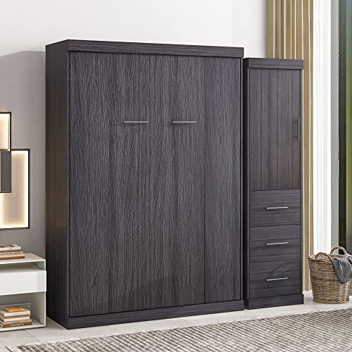 Full Size Murphy Bed with 2 Convertible Side Cabinet Storage Shelf, Foldable Wallbed Bedframe