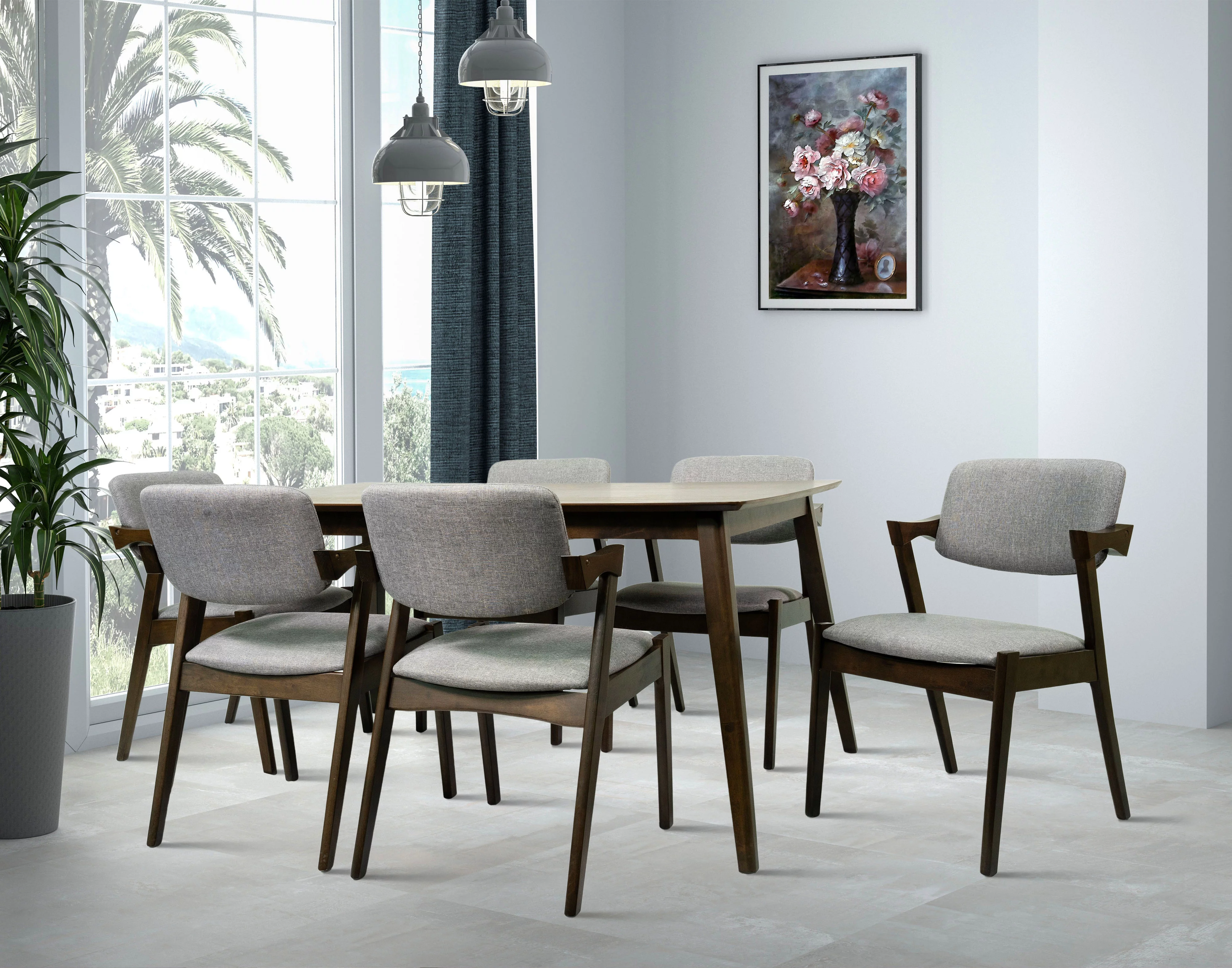 Keops 7-Piece Dining Set Mid Century Modern Solid Wood Dining Table and 6 Chairs | Great for Kitchen Breakfast Dining