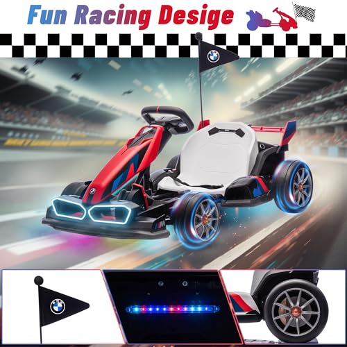 Electric Go Kart with Adjustable Seat, 24V Licensed BMW Drift Kart with Dual 200W Motors, Crazy Go Cart for Kids Ages 6-12, LED Lights