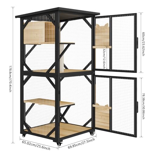 OFIKA Cat House Catio Outdoor Enclosure with Waterproof Roof,71'' cat House & Condos on Wheels for Outdoor Patio,Cat Window Box,Scratching Post（White）