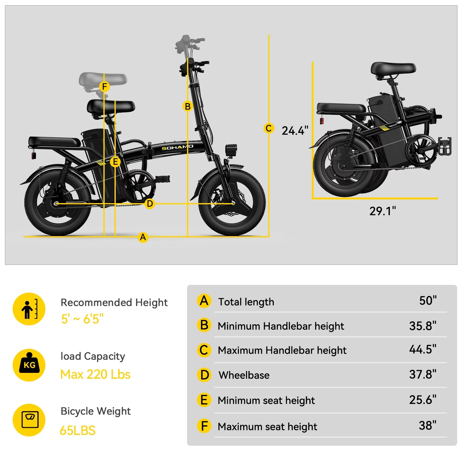 SOHAMO Electric Bike w/400W Motor and 48V 13Ah Removable Battery Folding Ebike for Adults and Teens, Full Suspension, 3 Levels Assist