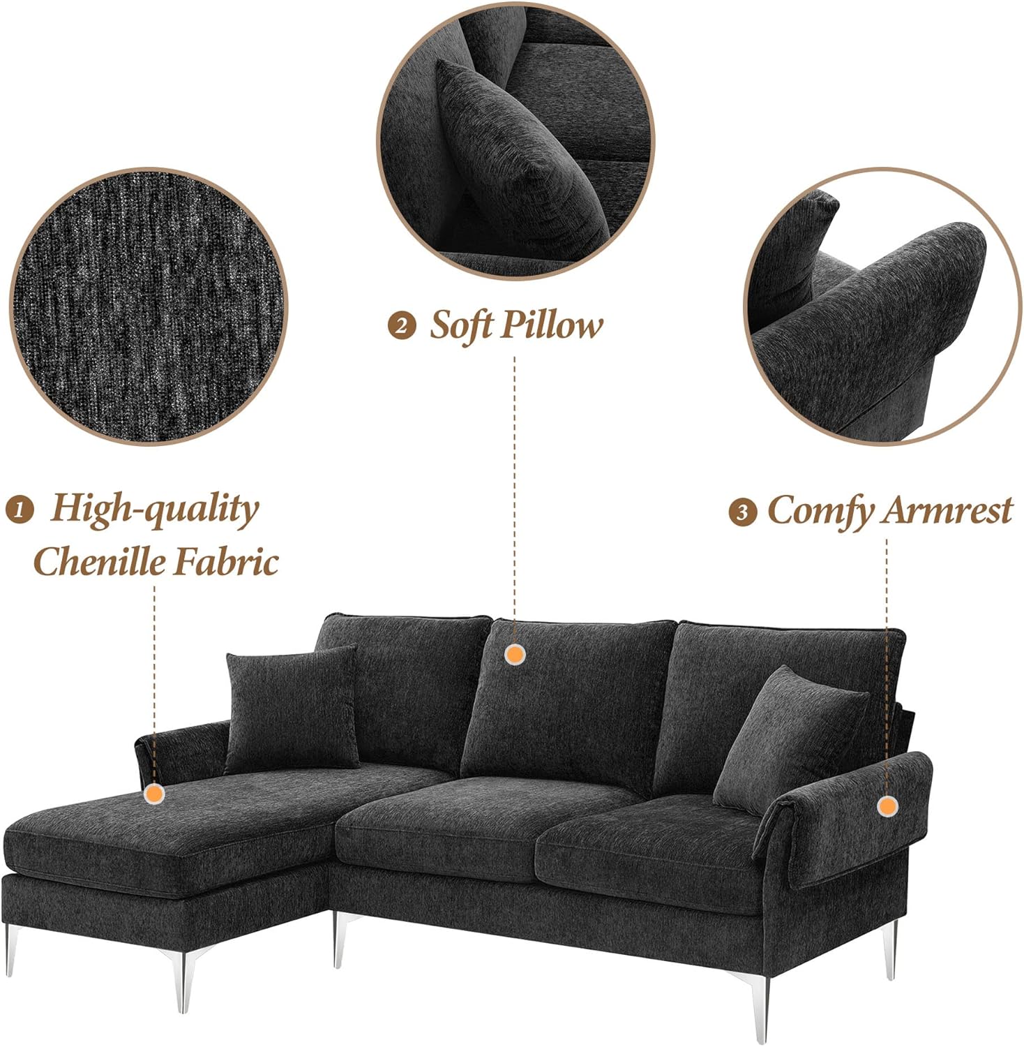 84" Convertible Sectional Sofa with 2 Pillows,Modern Chenille L-Shaped Metal Frame Couch W/Reversible Chaise Lounge,for Dorms,Apartments,Studios,Black