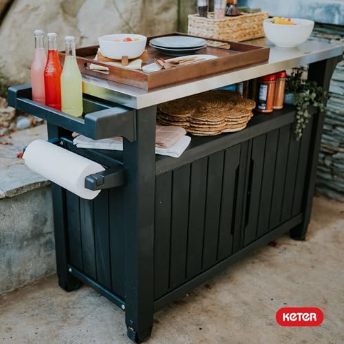 Keter Outdoor Rolling Table Cart for Food Prep, Storage, Bar & Grill, Dark Brown - Portable Kitchen Island Tabletop with Wheels for Drinks, Snacks
