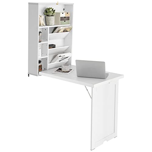 Folding Wall-Mounted Desk, Convertible Computer Desk, Floating Desk, Storage Bookcases, Adjustable Shelves, Space Saving Fold up Workstation for Home