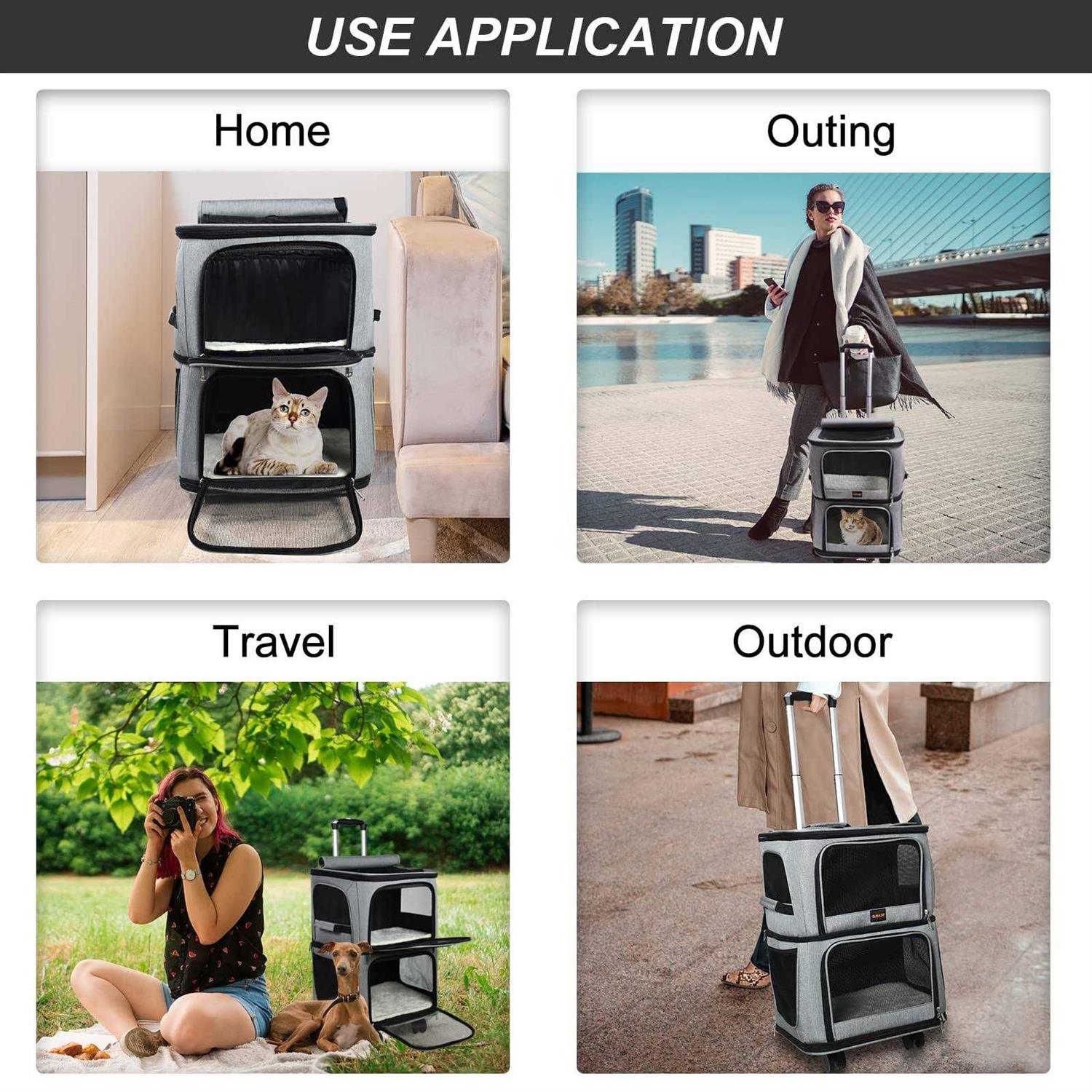 GJEASE Double-Compartment Pet Dog Rolling CarrierBackpack with Wheels,Cat Carrier for 2 Cats,Super Ventilated Design,Ideal for Traveling/Hiking
