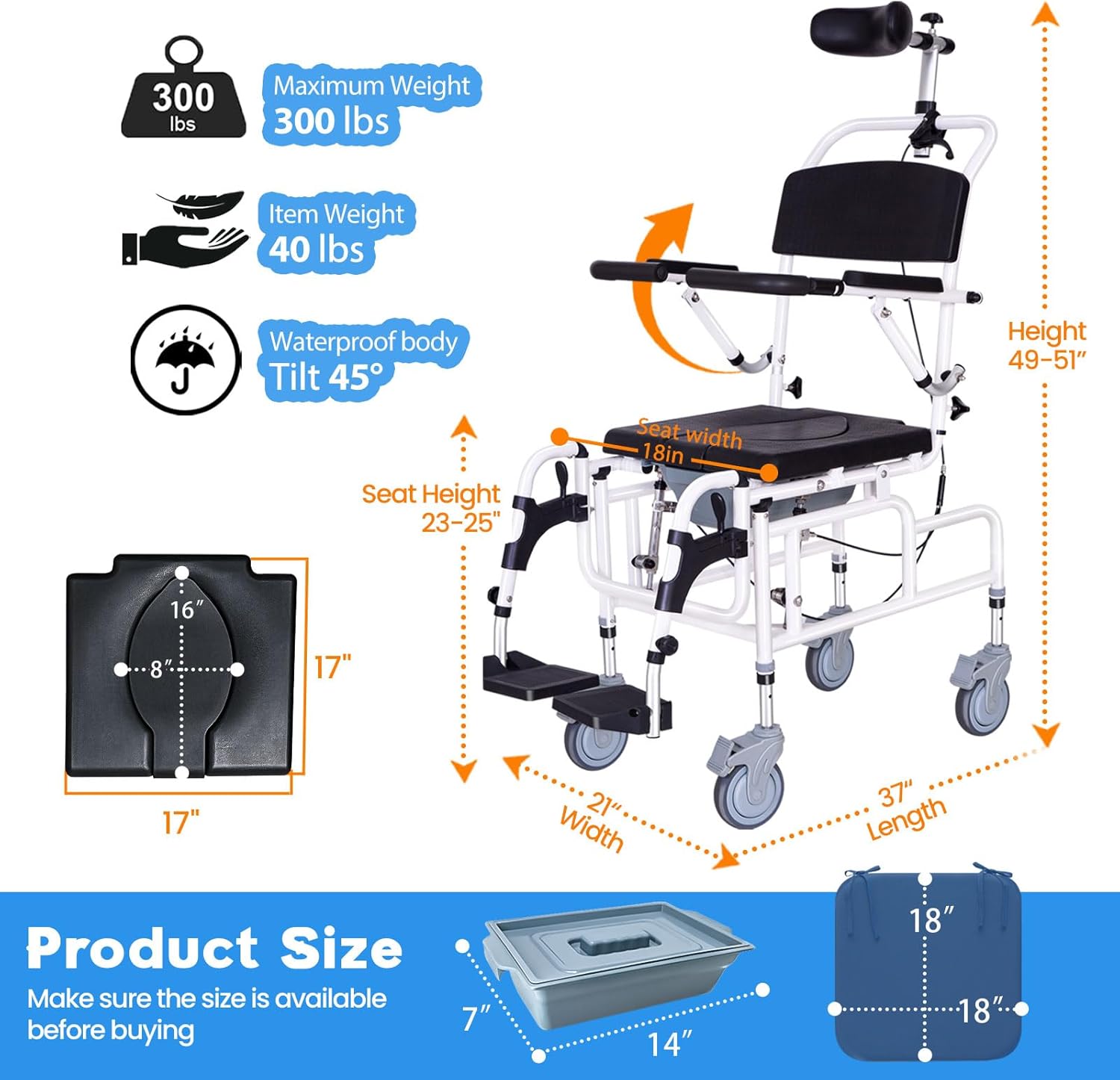 Upgrade Cushion-Juiwere Shower Chair with Arms and Back,Reclining Shower Chair with Wheels,Tilt 45° Shower Wheelchair with Headrest