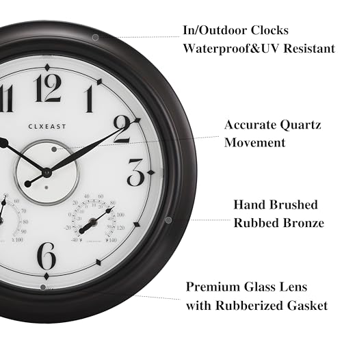 Illuminated Outdoor Clocks Waterproof 18 inch with Smart Sensor,Large Outdoor Clock with Thermometer & Hygrometer for Garden Patio Pool