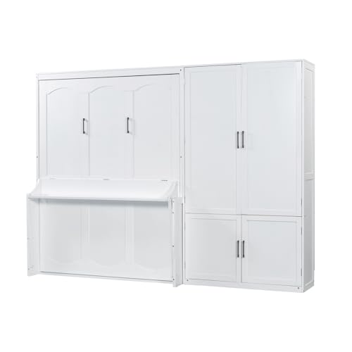 Queen Size Murphy Bed Wall Bed with Desk and Closet,Drawers and Shelves,for Small Spaces Studio Study Office Guest Room Use (Gray#Desk, Queen)