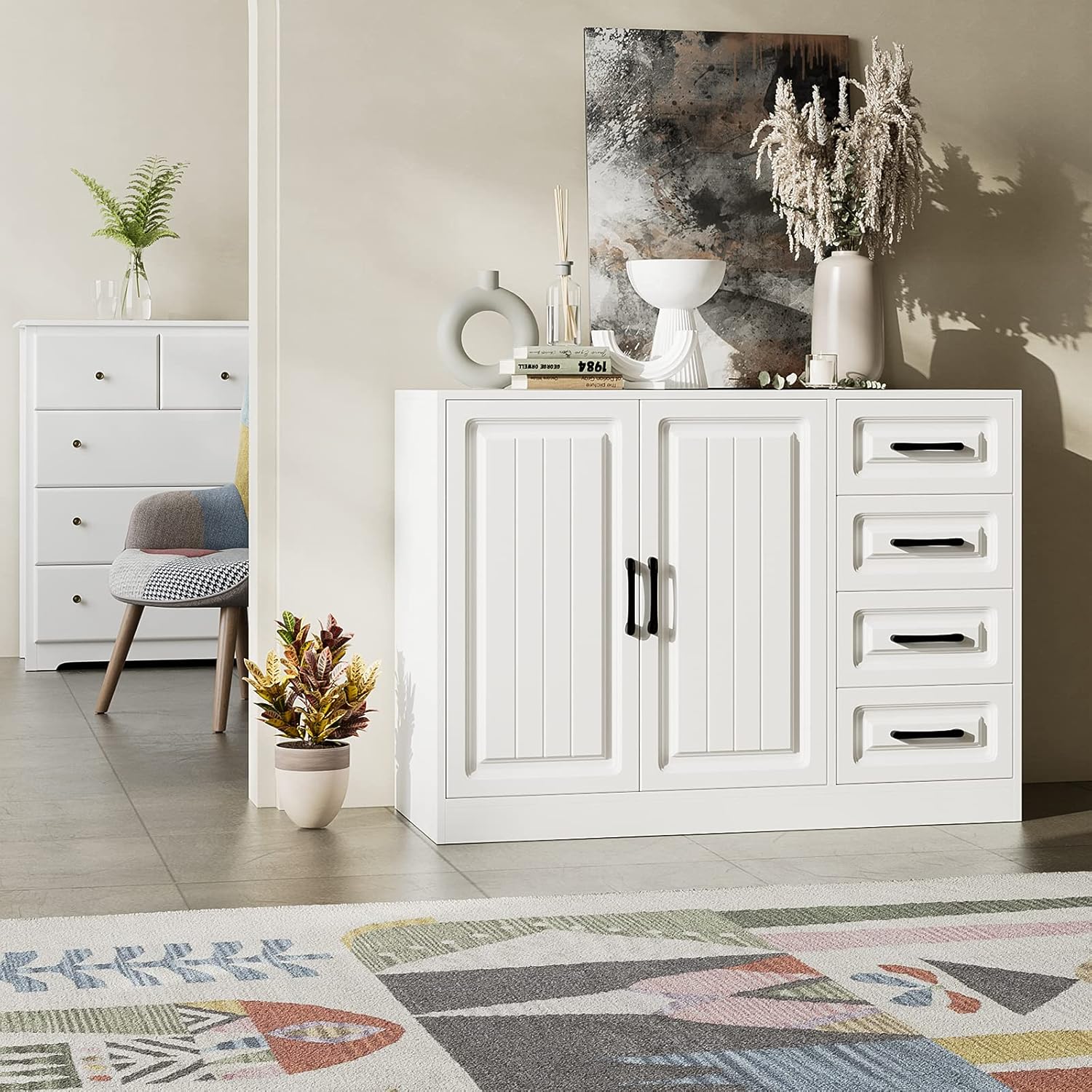 Kitchen Storage Buffet Cabinet, Large Sideboard with 2 Doors and 4 Drawers, Wood Floor Cupboard with Adjustable Shelf for Dining Room, Living Room