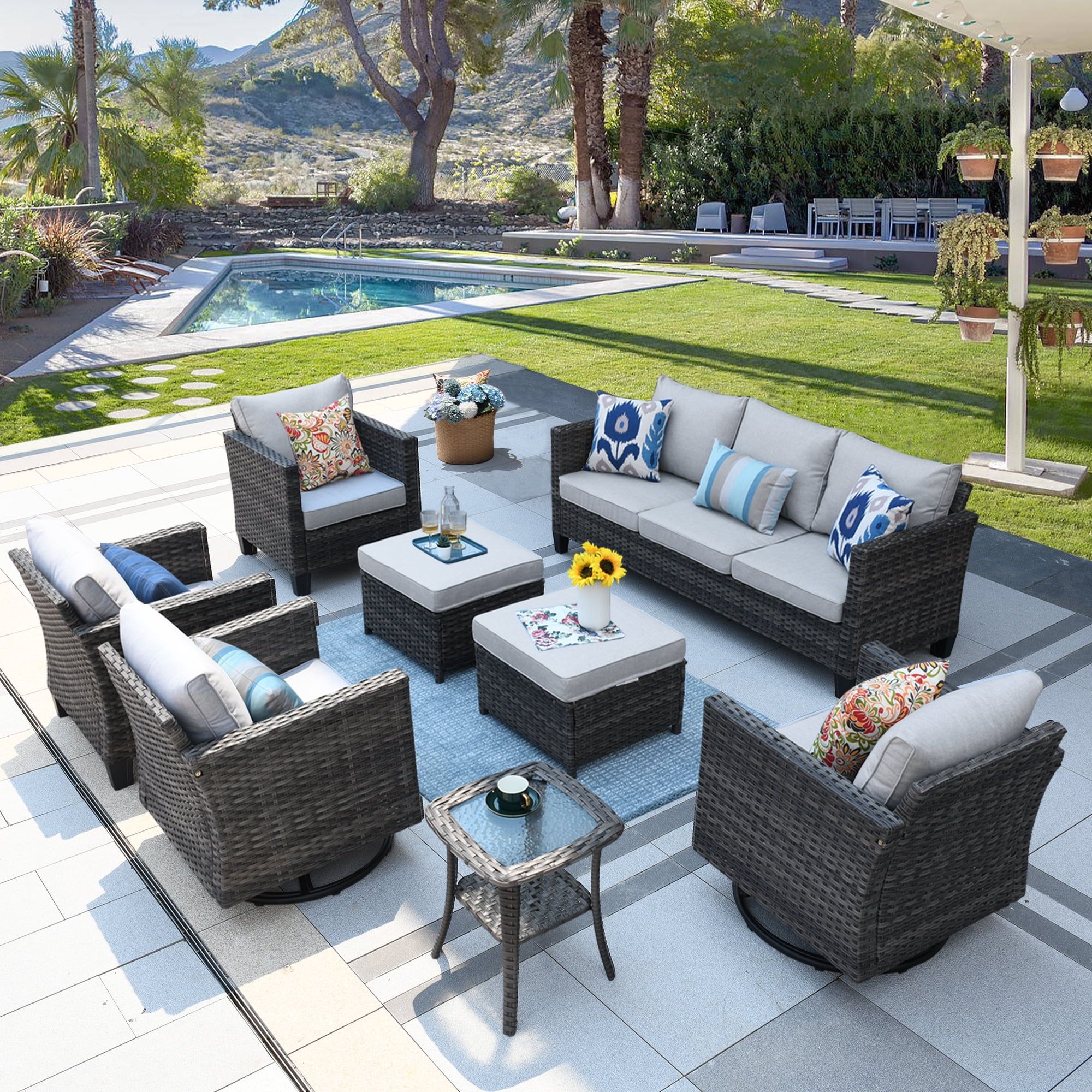 Ovios Patio Furniture Set 8 Pieces All Weather Wicker Conversation Set Outdoor Sectional Couch with Swivel Rocking Chair, Ottomans, Side Table